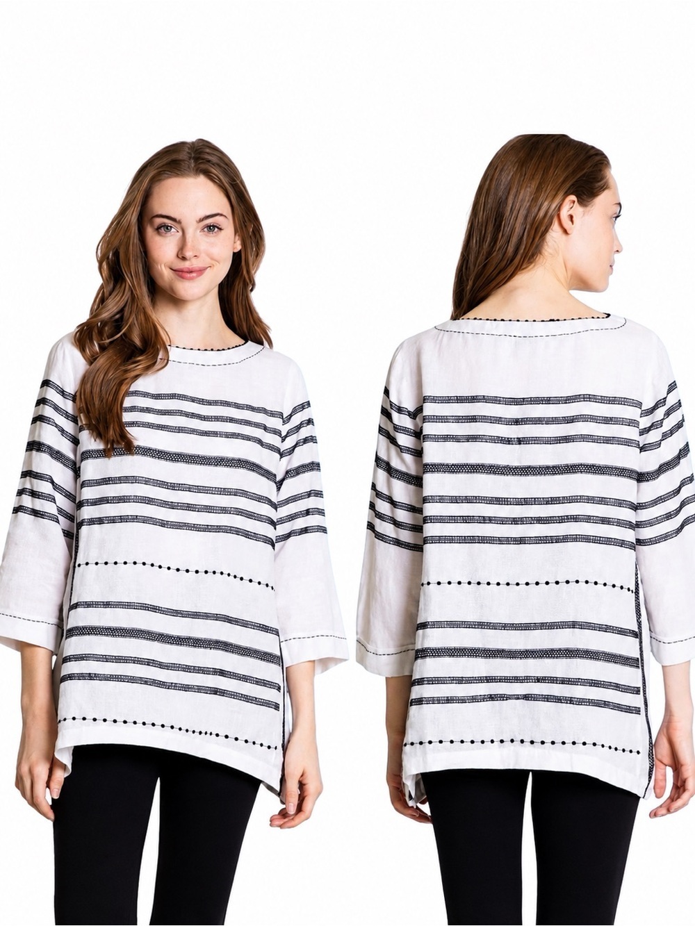 J. Jill Love Linen Tunic Top XS Petite White Black Embroidered Stripe Coastal